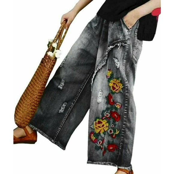 YESNO PW2 Women Cropped Pants Floral Jeans Embroidered Wide Size 3XL, NWT - Picture 1 of 11